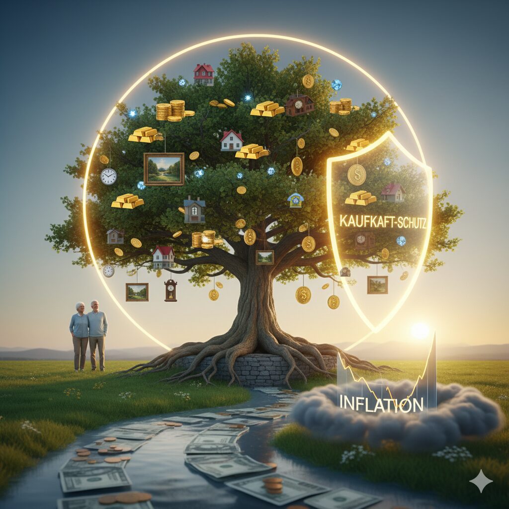 Symbolbild für Altersvorsorge: Ein Baum mit Sachwerten wie Gold, Immobilien und Kunst repräsentiert Vermögensaufbau und Kaufkrafterhalt, während ein Fluss aus Geld der Inflation entgegenwirkt und ein älteres Paar die Zukunft betrachtet.