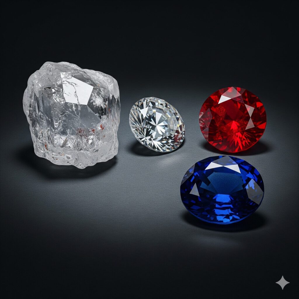 Sammlung von natürlichen Wertobjekten: rohe und geschliffene Diamanten, ein Rubin und ein Saphir, die deren Schönheit und physischen Wert symbolisieren.