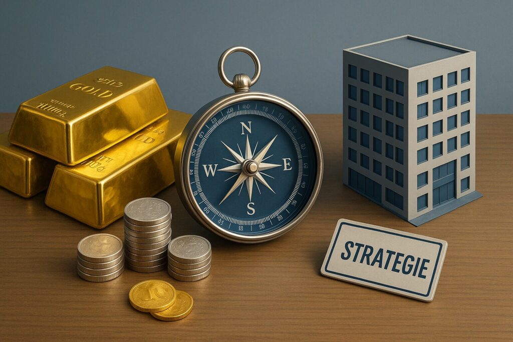 Goldbarren und Silbermünzen im Vordergrund, ein Kompass als Symbol für Strategie in der Mitte und ein modernes Gebäude für Immobilieninvestitionen – professionelles Titelbild für Finanzartikel.