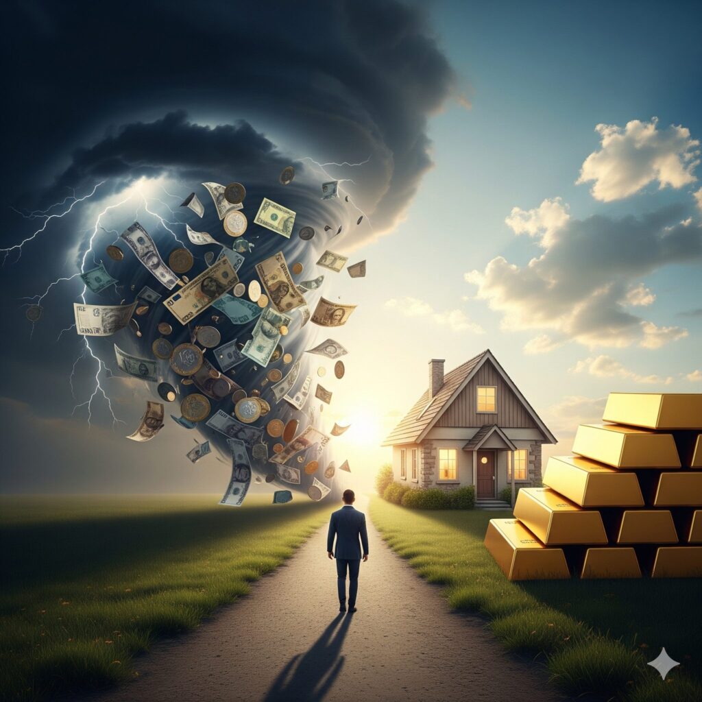 Ein Symbolbild für den Schutz vor Inflation: Eine Person geht von einem chaotischen Geldsturm weg und nähert sich einem sicheren Zuhause und einem Stapel Goldbarren, um Stabilität in wirtschaftlich unsicheren Zeiten zu finden.