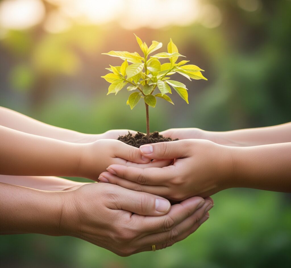 Symbolisches Bild für Generationswerte: Die Hände von drei Generationen (Kind, Elternteil, Großelternteil) halten gemeinsam einen jungen Setzling mit golden schimmernden Blättern, der langlebige, greifbare Werte symbolisiert.