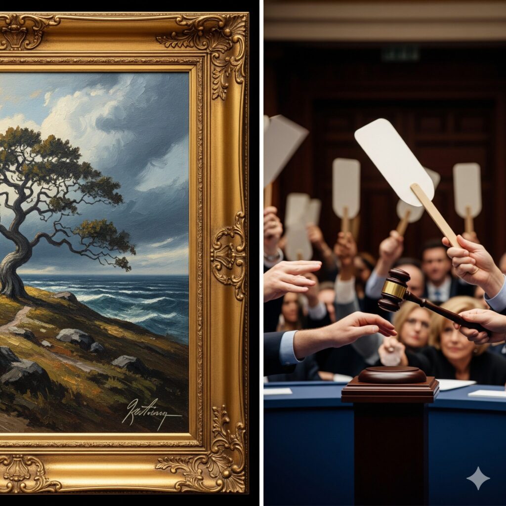 Vergleichsbild zur Erklärung von Kunst als Sachwert: Auf der linken Seite ist ein wertvolles Ölgemälde in einem vergoldeten Rahmen zu sehen, das Einzigartigkeit und künstlerischen Wert symbolisiert. Auf der rechten Seite findet eine lebhafte Auktion statt, bei der Gebote abgegeben werden, was die Nachfrage und den finanziellen Wert von Kunstwerken darstellt.