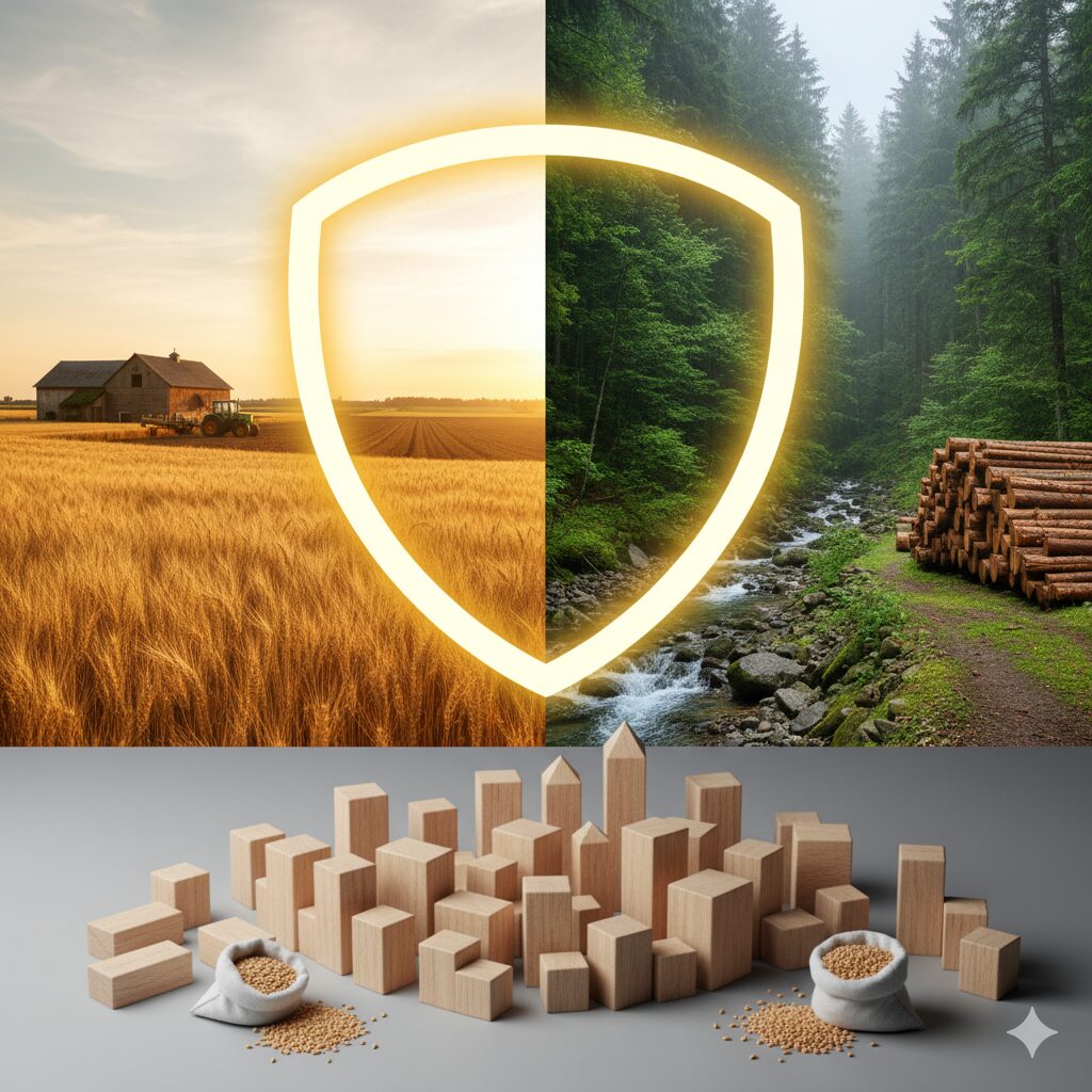 Visuelle Darstellung von Land und Wäldern als Sachwerte: Eine geteilte Ansicht zeigt Ackerland mit einem Bauernhof und einen dichten Wald mit gefälltem Holz, um die Bedeutung als Quelle für Nahrung und Baumaterial zu symbolisieren.
