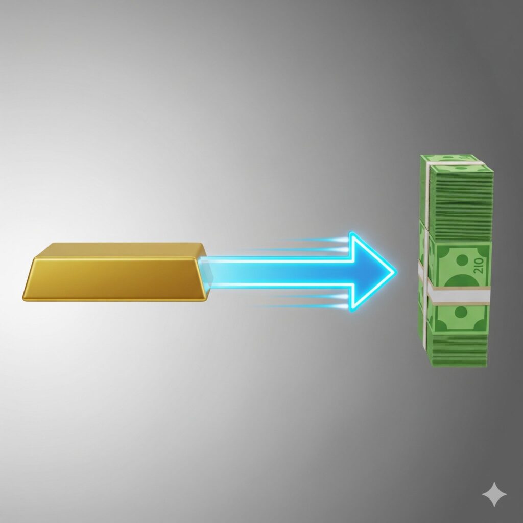 Symbolbild zum Konzept der Liquidität: Ein Goldbarren (stellvertretend für einen Vermögenswert) wird durch einen schnellen, leuchtenden Pfeil in einen Stapel Bargeld umgewandelt. Das Bild illustriert, wie schnell und einfach ein liquider Vermögenswert zu Geld gemacht werden kann.