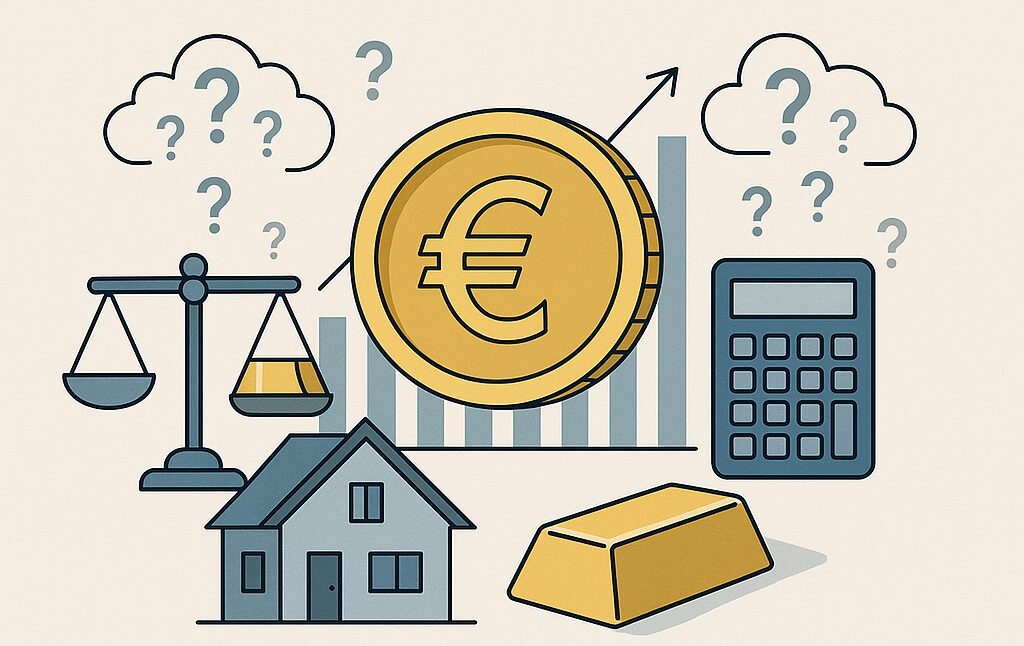 Die 5 größten Mythen über Sachwerte Illustration zu den fünf größten Mythen über Sachwerte wie Gold, Immobilien und Geldanlage mit Symbolen für Euro, Goldbarren, Haus, Waage und Fragezeichen – Fokus auf Investitionsmythen 2025