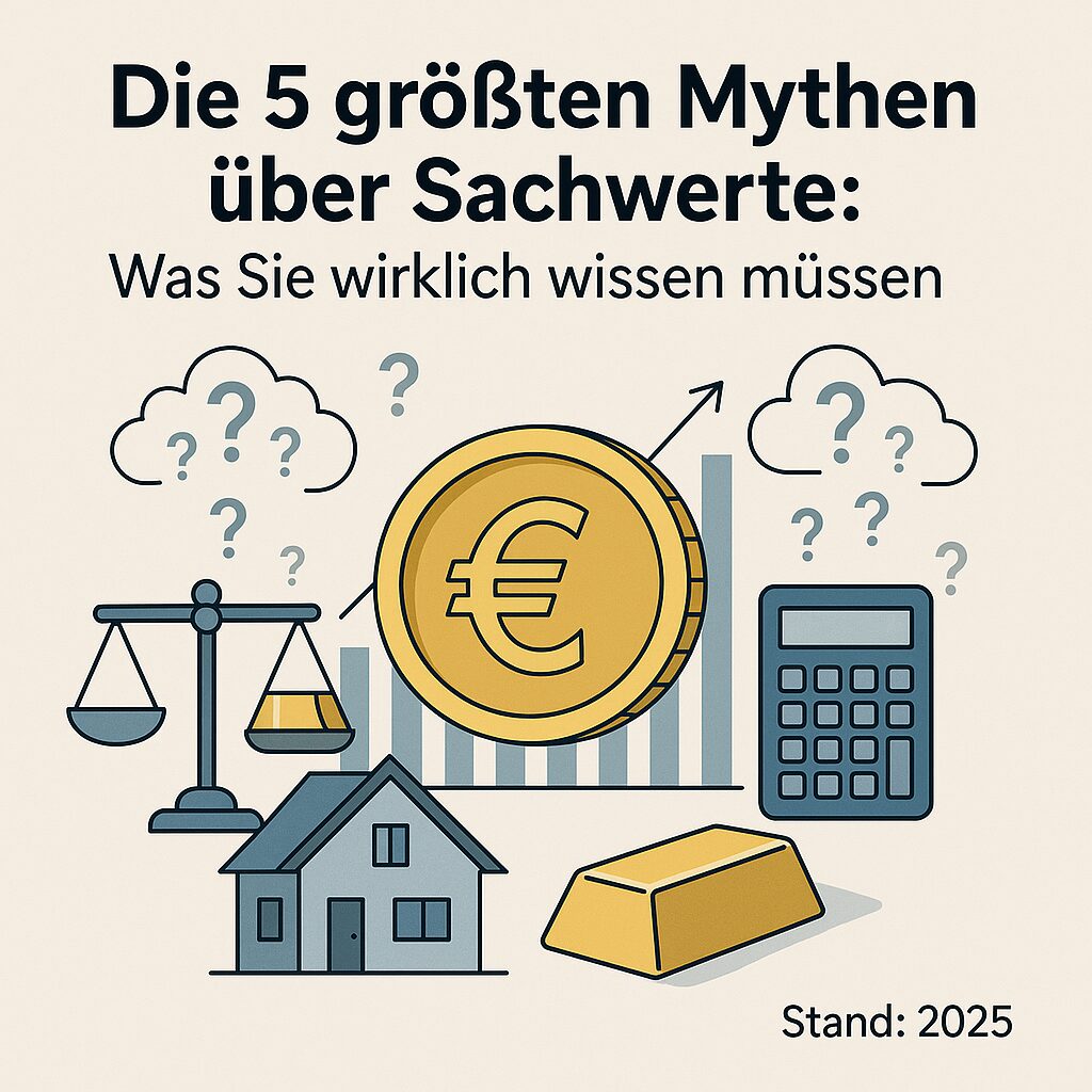 Illustration zu den fünf größten Mythen über Sachwerte wie Gold, Immobilien und Geldanlage mit Symbolen für Euro, Goldbarren, Haus, Waage und Fragezeichen – Fokus auf Investitionsmythen 2025