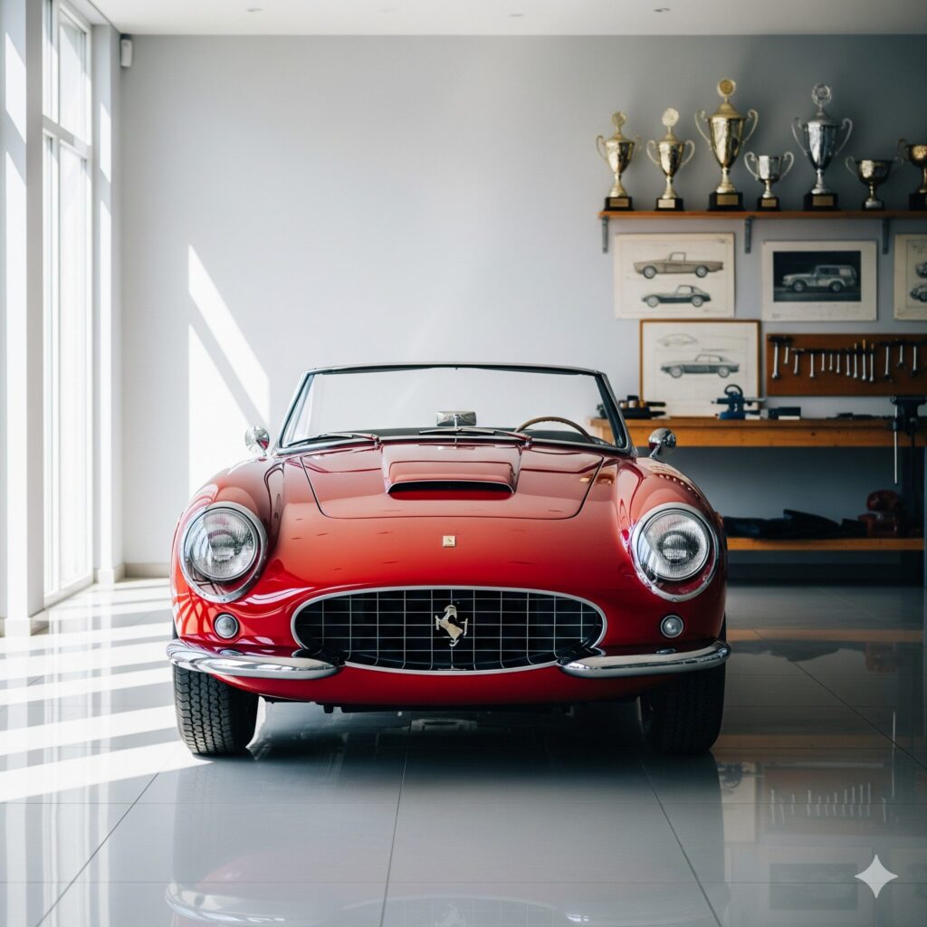 Ein perfekt restaurierter roter Oldtimer-Sportwagen, der in einer sauberen Sammlergarage ausgestellt ist. Das Bild symbolisiert, wie ein klassisches Fahrzeug über seinen reinen Nutzwert hinaus zu einem historisch wertvollen Kulturgut und Sachwert wird.