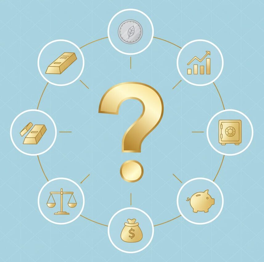 Symbolbild für ein Finanz- und Edelmetall-Quiz: Ein großes, goldenes Fragezeichen in der Mitte, umgeben von Icons wie Goldbarren, Münzen, Aktienkurs-Graph, Sparschwein und Waage, um Finanzwissen spielerisch zu vermitteln.