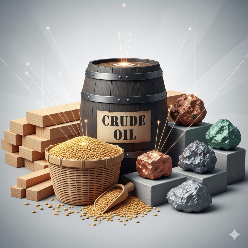 Stilisierte Darstellung verschiedener Rohstoffe wie Rohöl, Holz, Getreide und Erze, die die grundlegenden Bausteine für die Produktion von Gütern und Energie symbolisieren.