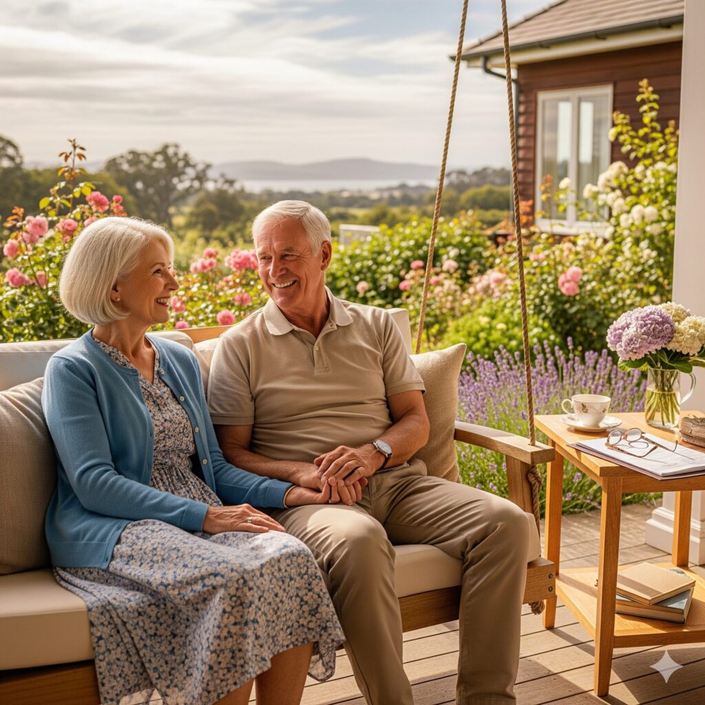 Symbolbild für den Ruhestand: Ein älteres Ehepaar entspannt auf einer Veranda, umgeben von einem friedlichen Garten und einem wohlhabenden Zuhause, um die finanzielle Sicherheit und Flexibilität in der Rentenphase zu veranschaulichen.