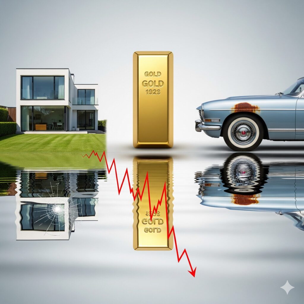 Visuelle Darstellung der Risiken von Sachwerten: Ein modernes Haus mit einer gesprungenen Scheibe (Immobilienrisiko), ein Goldbarren, der einen fallenden Preischart widerspiegelt (Marktpreisrisiko), und ein Oldtimer mit Rostschäden (Wertverlust durch Beschädigung/Alter). Das Bild illustriert, dass auch Sachwerte nicht risikofrei sind und spezifische Gefahren bergen.
