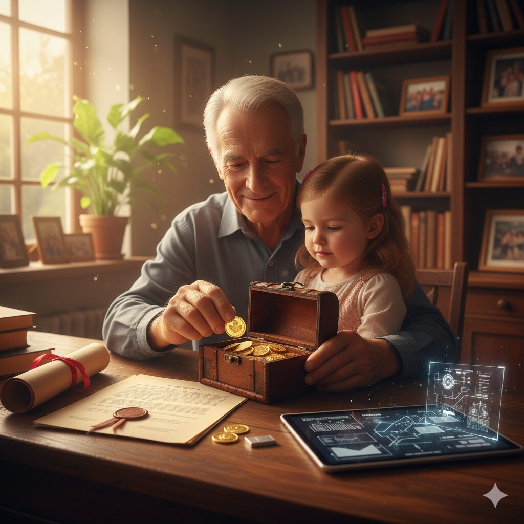 Symbolbild für die Weitergabe von Vermögen: Die Hand einer älteren Person übergibt eine Goldmünze an die Hand einer jüngeren Person, um die reibungslose und geplante Übergabe von Edelmetallen an die nächste Generation zu symbolisieren.