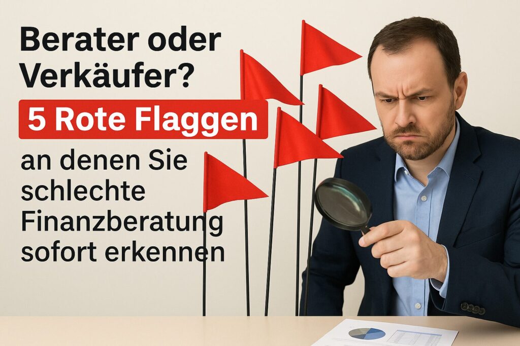 Mann betrachtet Finanzunterlagen mit Lupe, daneben rote Warnflaggen und Text: Berater oder Verkäufer? 5 Rote Flaggen, an denen Sie schlechte Finanzberatung erkennen.