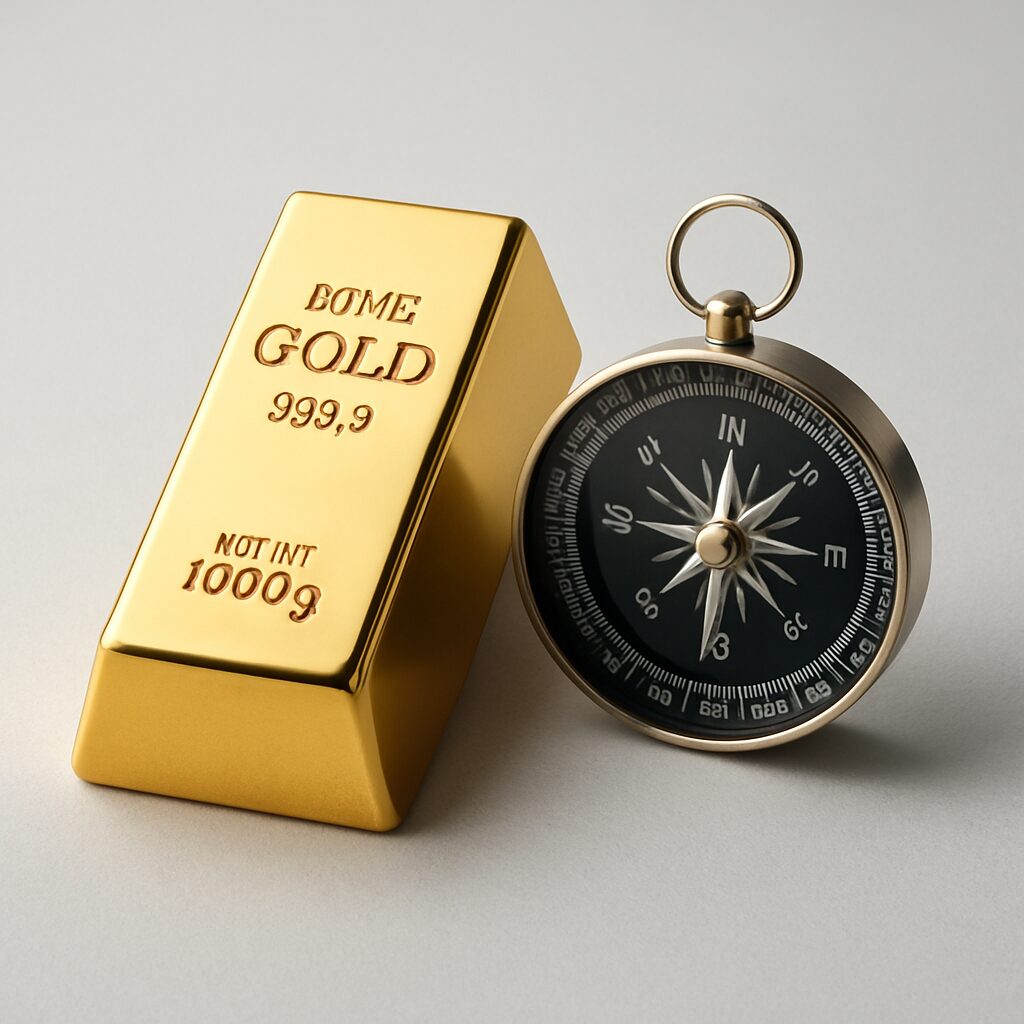 Gold im Fokus: Den Rekordpreis verstehen – Ursachen, Fakten & Perspektiven (Stand 2025) Goldbarren, offener Kompass und silberne Taschenuhr auf hellem Hintergrund, Symbol für Zeit, Orientierung und langfristige Wertbeständigkeit.