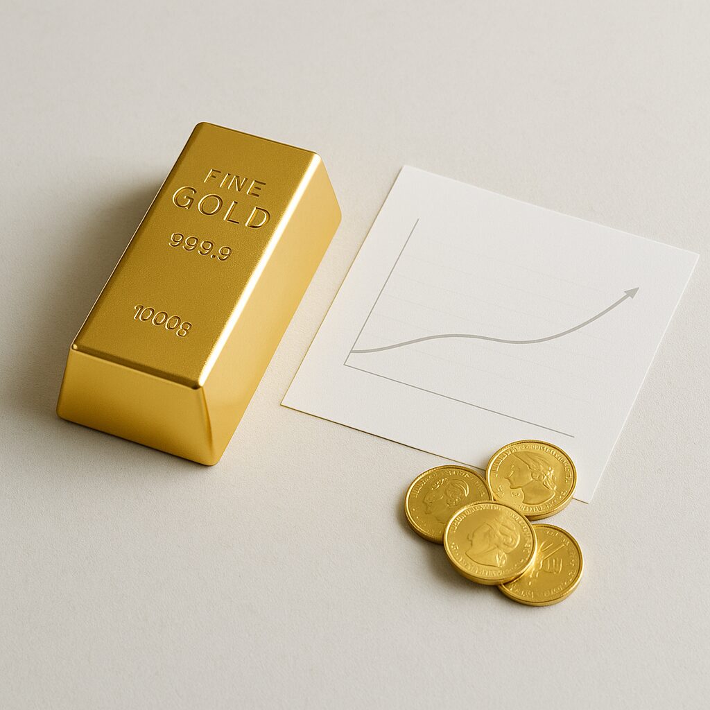 Gold im Fokus: Den Rekordpreis verstehen – Ursachen, Fakten & Perspektiven (Stand 2025) Goldbarren, Münzen und ein Blatt mit steigender Kurve auf hellem Studiotisch. Symbol für langfristige Investment-Strategien und den Cost-Average-Effekt.