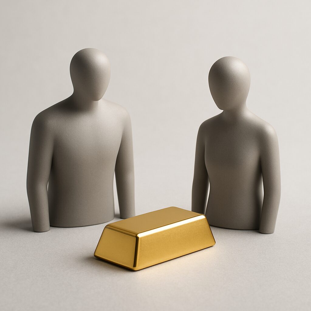 Gold im Fokus: Den Rekordpreis verstehen – Ursachen, Fakten & Perspektiven (Stand 2025) Zwei minimalistische Figuren betrachten gemeinsam einen Goldbarren auf hellem Studiotisch. Symbolbild für unterschiedliche Anlegerperspektiven.