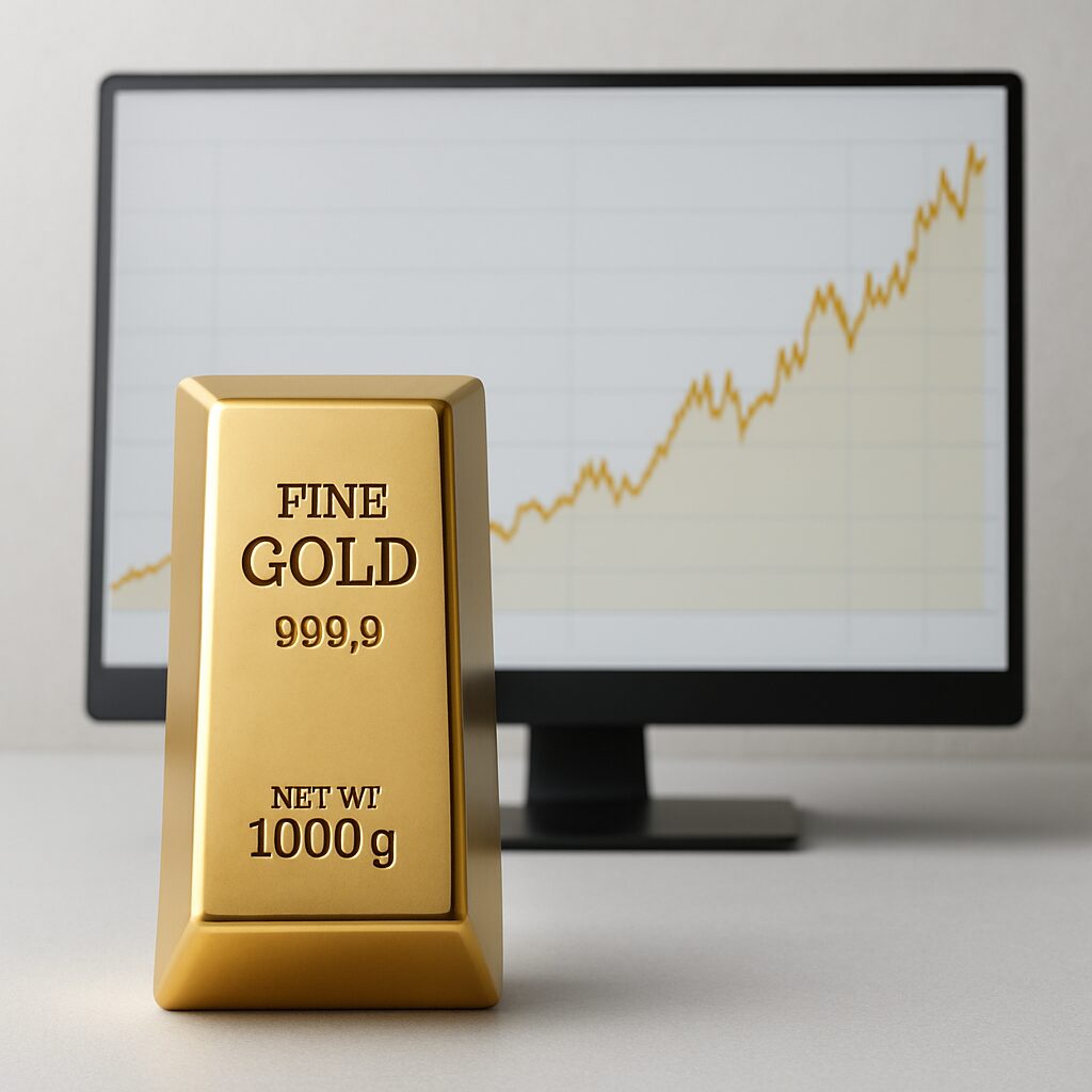 Goldbarren vor einem Bildschirm mit steigendem Goldpreis-Chart, realistisches Studiofoto auf hellem Hintergrund.