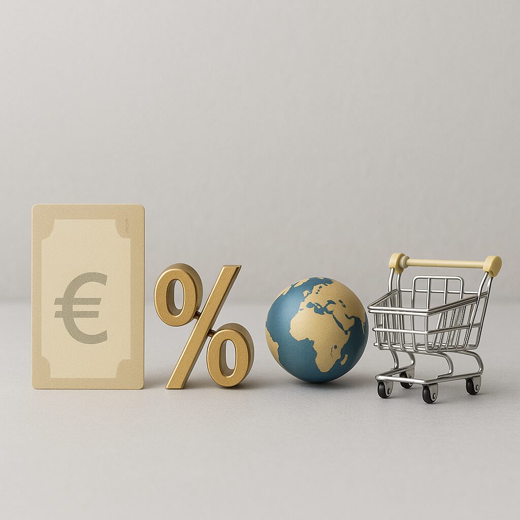 Faktoren, die den Goldpreis beeinflussen Vier Symbole – Geldschein, Prozentzeichen, Globus und Einkaufswagen – stehen auf hellem Hintergrund und symbolisieren die Treiber des Goldpreises.