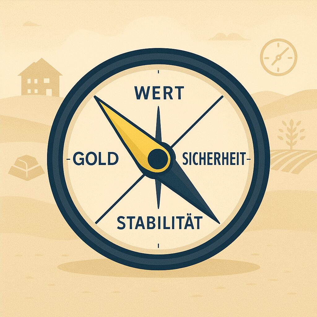 Der Sachwerte Kompass: Vermögen schützen mit Klarheit Illustration eines stilisierten Kompasses mit den Begriffen Wert, Gold, Sicherheit und Stabilität, eingebettet in eine ruhige Landschaft mit Symbolen für Sachwerte.