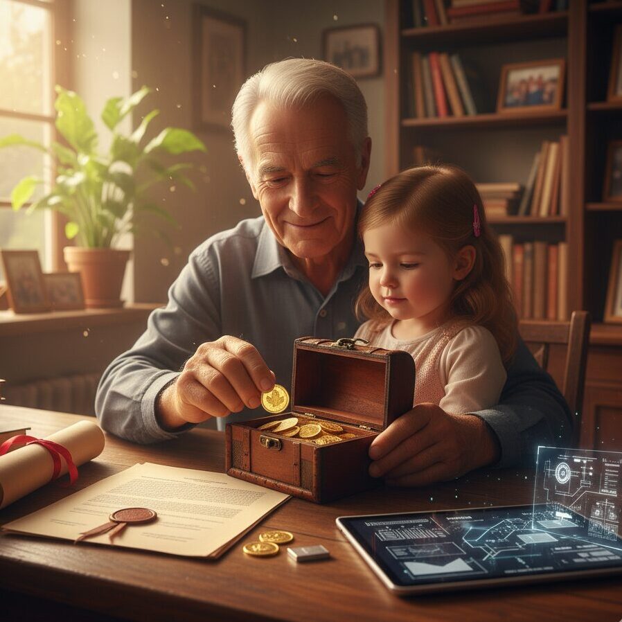 Edelmetalle vererben - Generationen-Übergabe Symbolbild für die Weitergabe von Vermögen: Die Hand einer älteren Person übergibt eine Goldmünze an die Hand einer jüngeren Person, um die reibungslose und geplante Übergabe von Edelmetallen an die nächste Generation zu symbolisieren.